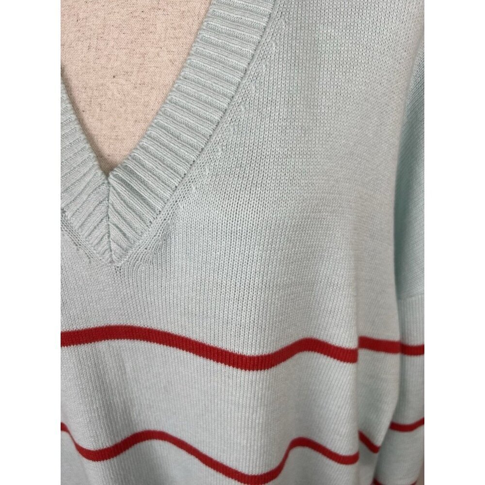 Mersea Oversized V-Neck Sweater Aqua Red Stripe Coastal Knit One Size Tunic - Picture 3 of 9
